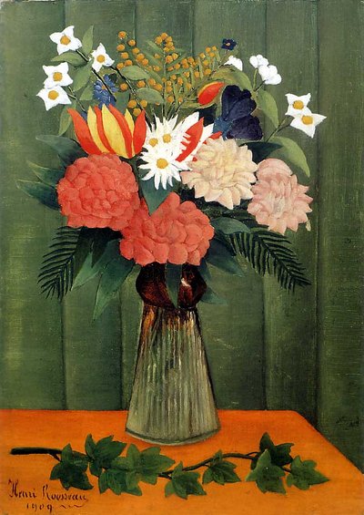 Boeket bloemen met een klimop tak door Henri Rousseau